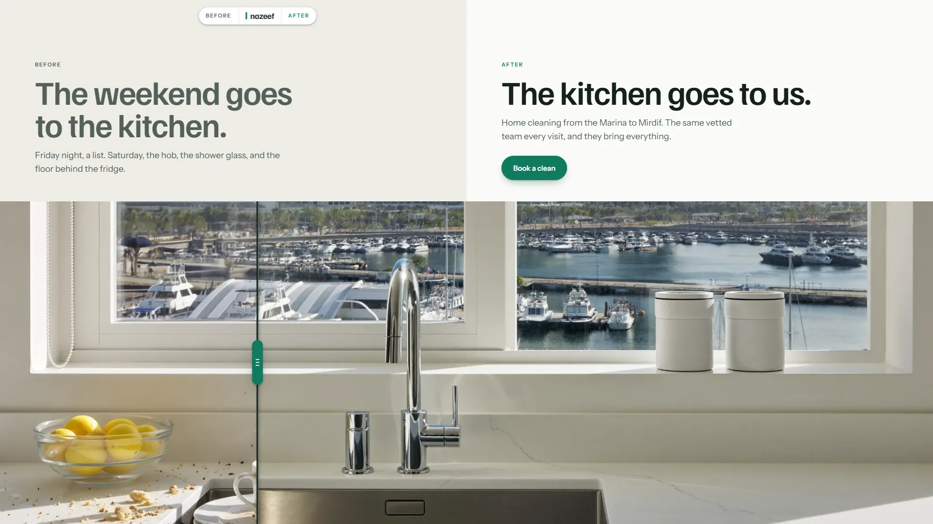 Nazeef Home Care: the hero with the squeegee dragged left, most of the kitchen wiped clean