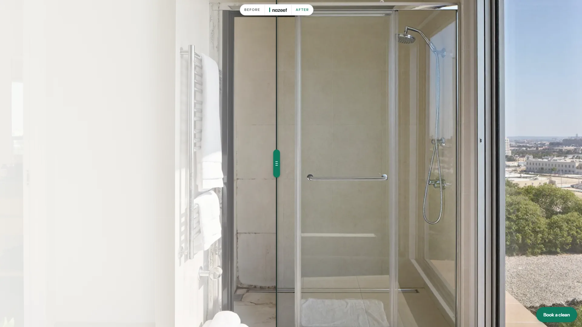 Nazeef Home Care cleaning website: the squeegee blade halfway across a shower, limescale on one side and clear glass on the other