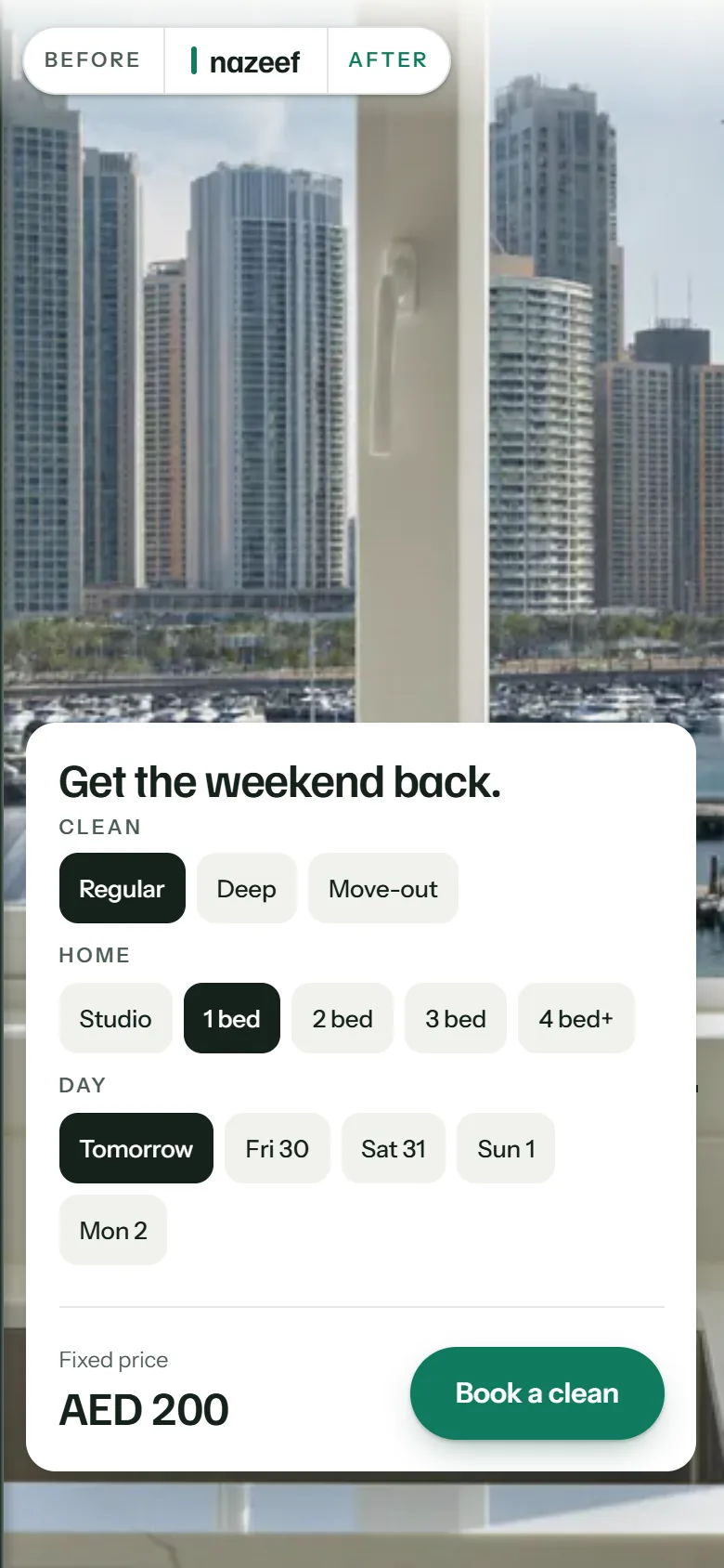 Nazeef Home Care on a phone: the booking panel