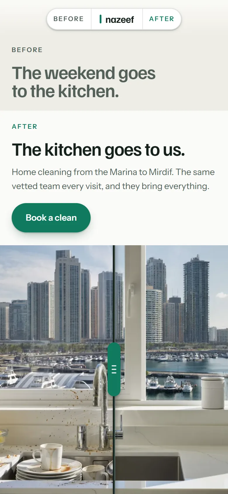 Nazeef Home Care on a phone: before and after headlines over the kitchen
