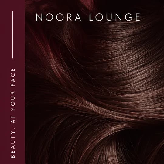 Close-up of the top left: a wine rail with BEAUTY, AT YOUR PACE set sideways, beside the NOORA LOUNGE wordmark.