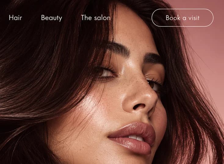 Close-up of the links Hair, Beauty and The salon and an outlined Book a visit pill, above a woman's face.