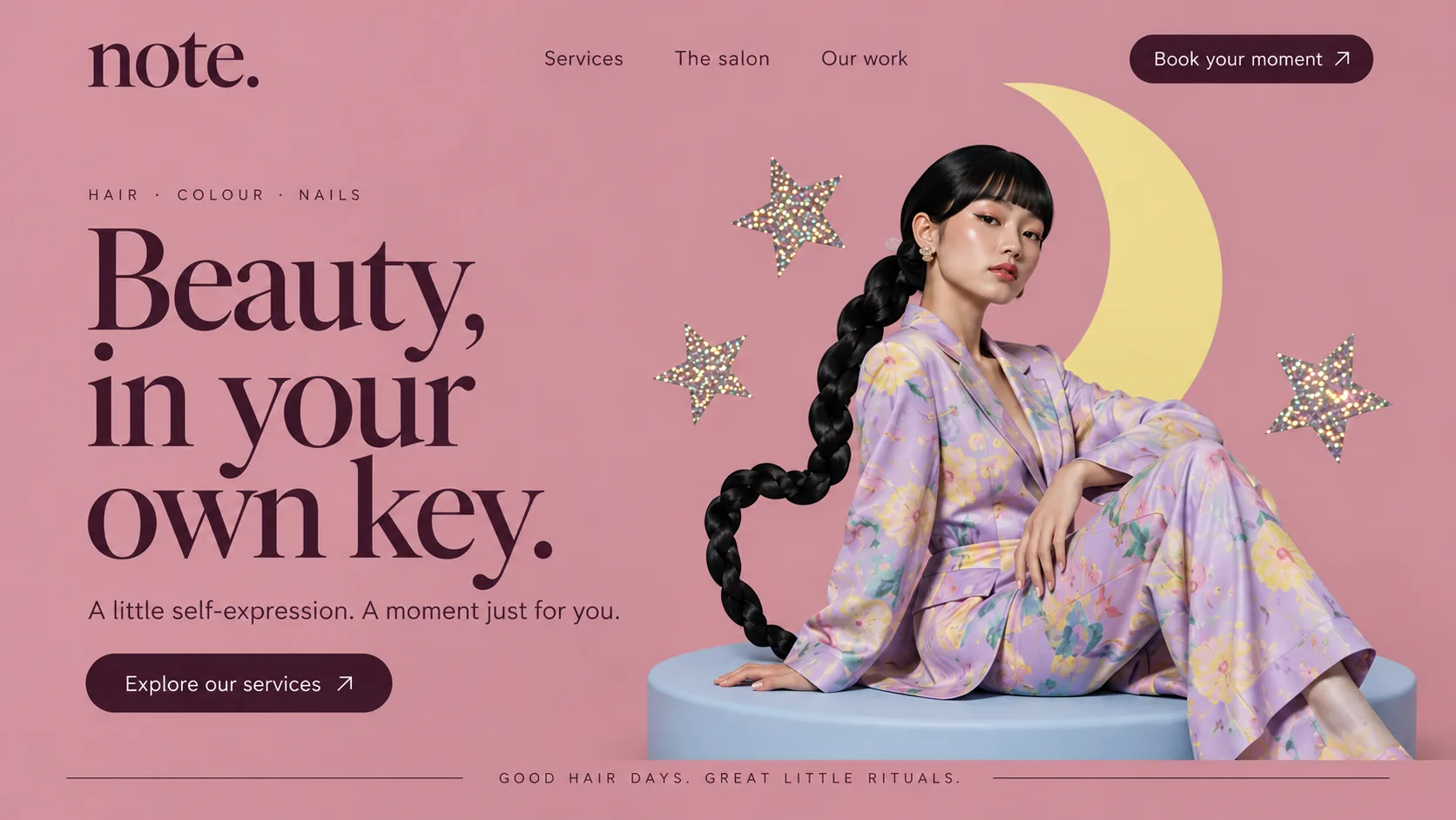 Note salon website design, desktop hero: 'Beauty, in your own key.' beside a model in a lilac floral suit under a yellow crescent moon
