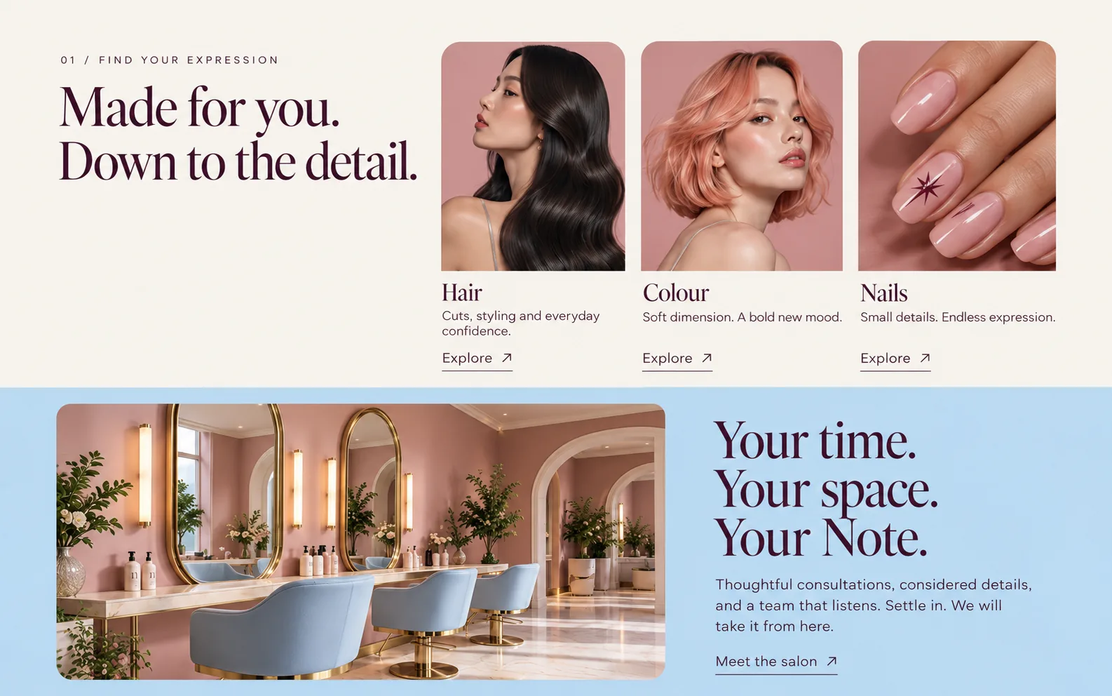 Note design, services and salon section: hair, colour and nails photos above a rose and gold salon interior on powder blue