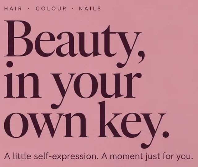 Note salon design close-up: HAIR, COLOUR, NAILS label above Beauty, in your own key. in large plum serif on dusky rose