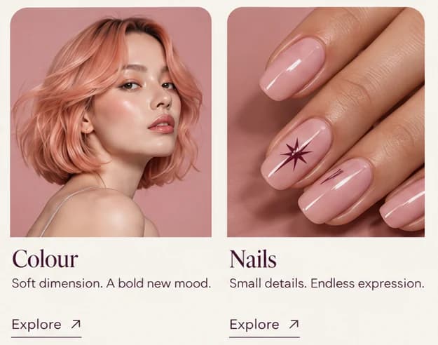 Note design close-up: Colour card with a peach-haired model and Nails card with a plum star painted on a pink nail