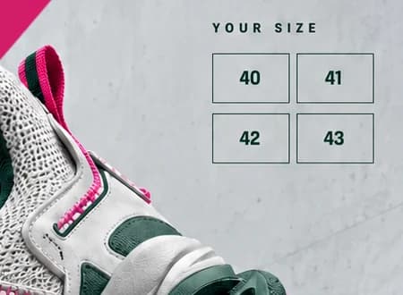 Offbeat size grid with 40, 41, 42 and 43 in outlined boxes on grey concrete, beside the sneaker's green heel
