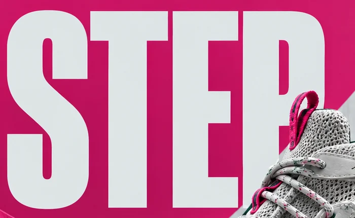 The word STEP in pale grey condensed capitals on hot pink, a pink shoe loop tucked under the bowl of the P
