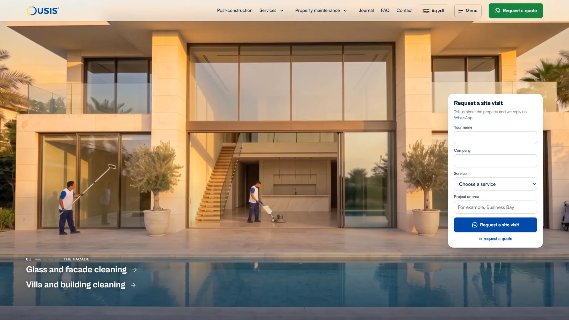 OUSIS scroll film frame: technicians cleaning a villa's glass and floors, labelled Glass and facade cleaning, beside a site visit form