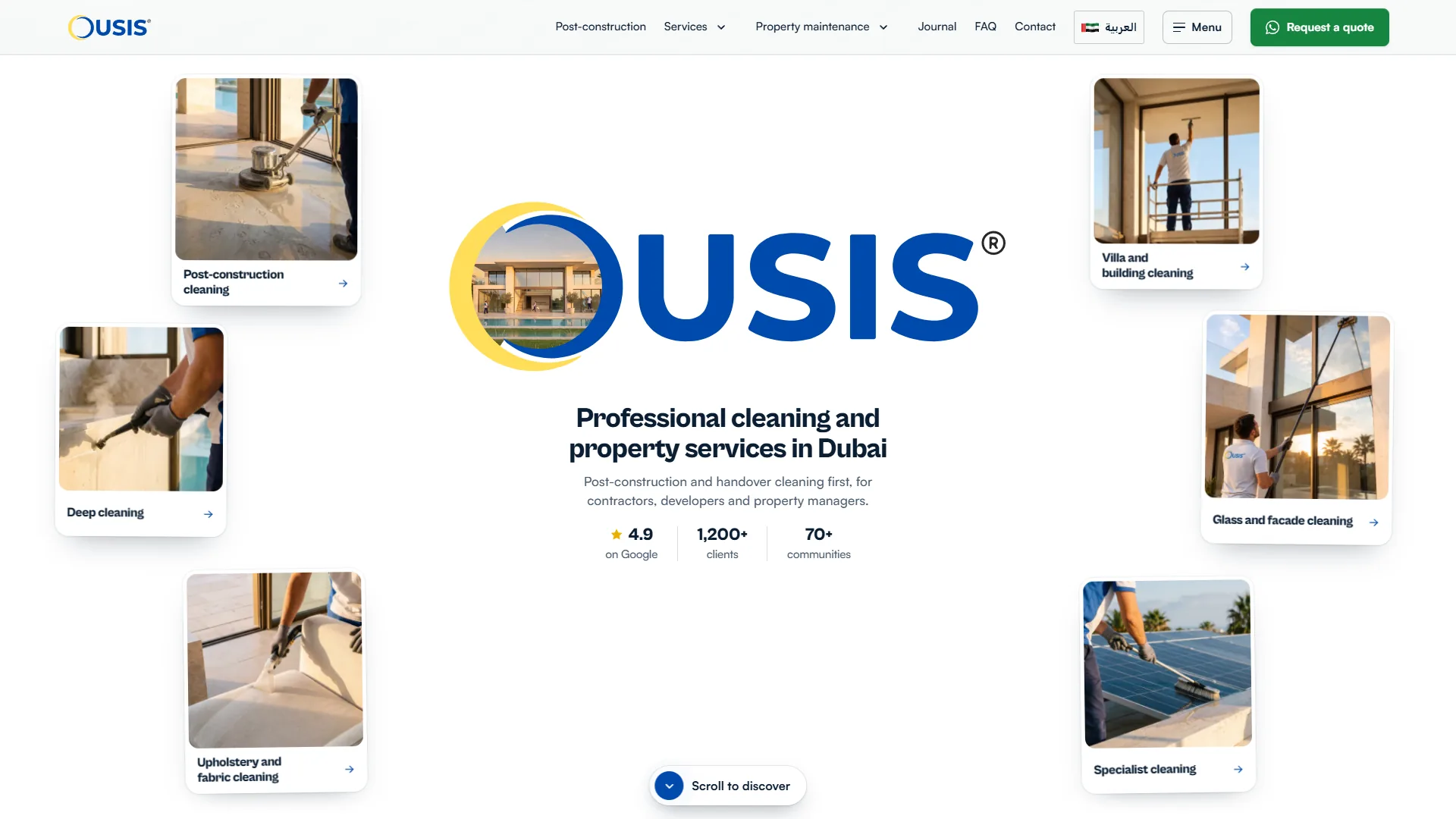 OUSIS homepage on desktop: the logo and headline Professional cleaning and property services in Dubai, ringed by six service cards