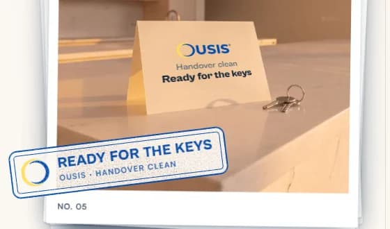 OUSIS instant print of a kitchen island with a Ready for the keys card, keys and a blue stamp, marked NO. 05