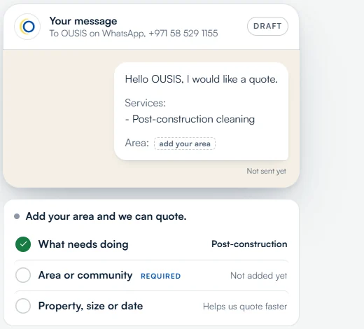 OUSIS quote builder draft: Hello OUSIS, I would like a quote, with post-construction cleaning added, area still empty