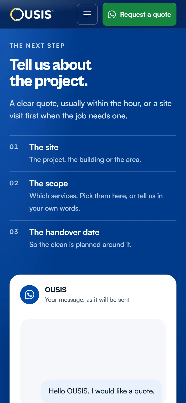 OUSIS quote section on a phone: Tell us about the project, with three steps, above a preview of the WhatsApp message