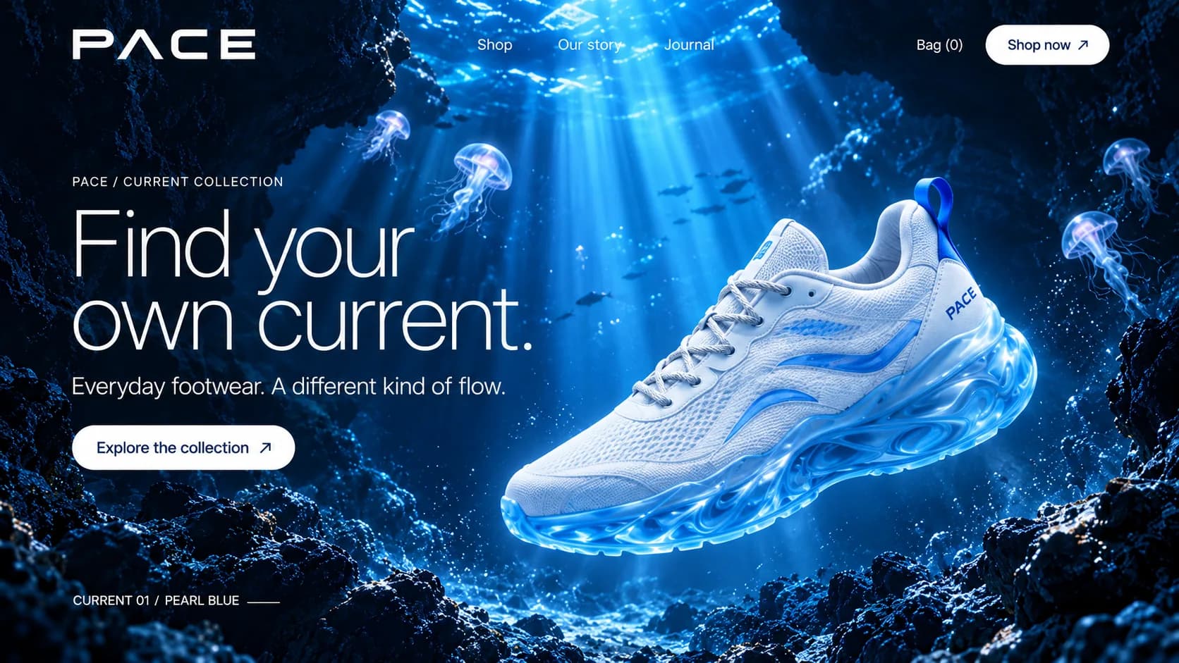 Pace desktop hero: Find your own current. beside a white and blue sneaker floating in an underwater cave with jellyfish
