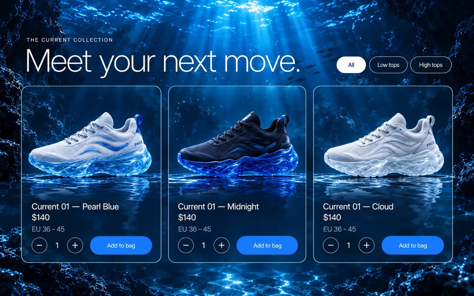 Pace collection section headed Meet your next move, with three sneaker colourways on glass cards and blue Add to bag buttons