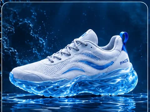 Pace design close-up: Pearl Blue sneaker standing on a reflective water surface inside a translucent glass product card