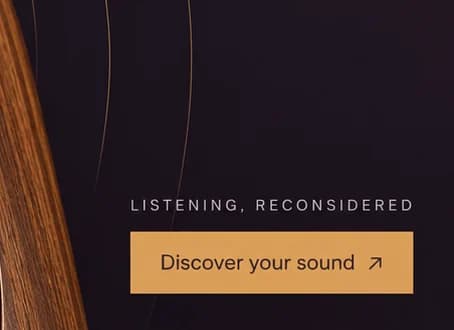Small capitals 'LISTENING, RECONSIDERED' above an amber 'Discover your sound' button on a dark plum ground
