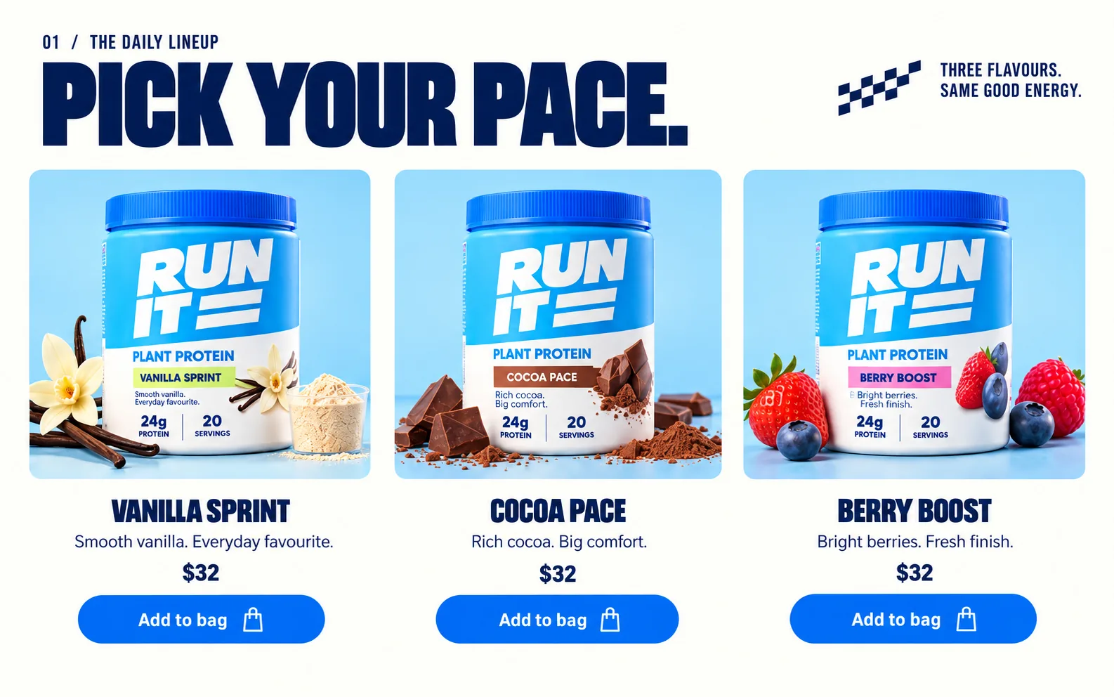 Run It design, 'PICK YOUR PACE.' section: Vanilla Sprint, Cocoa Pace and Berry Boost tubs with blue add to bag buttons
