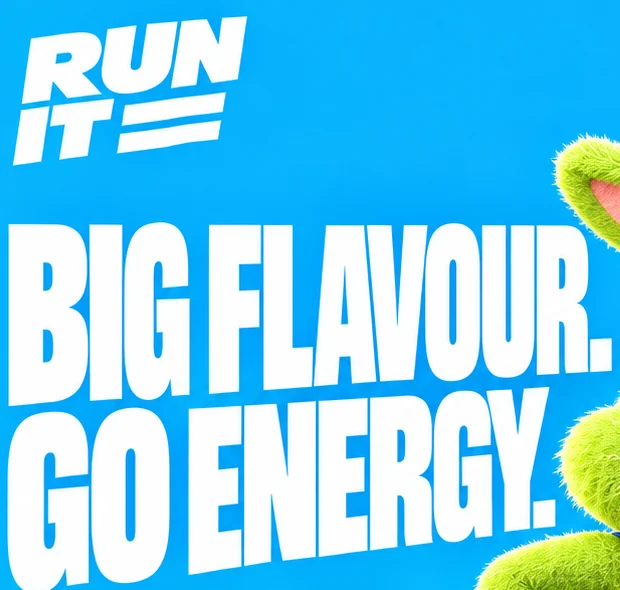 Run It design close-up: the forward-leaning RUN IT wordmark above BIG FLAVOUR. GO ENERGY. in white capitals on sky blue