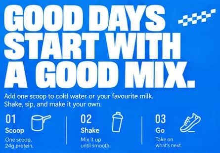 Run It design close-up: GOOD DAYS START WITH A GOOD MIX. above three numbered steps, Scoop, Shake and Go