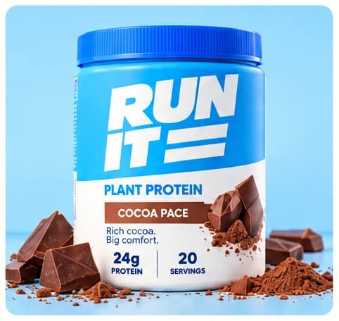 Run It design close-up: Cocoa Pace plant protein tub on a pale blue card, surrounded by chocolate and cocoa powder