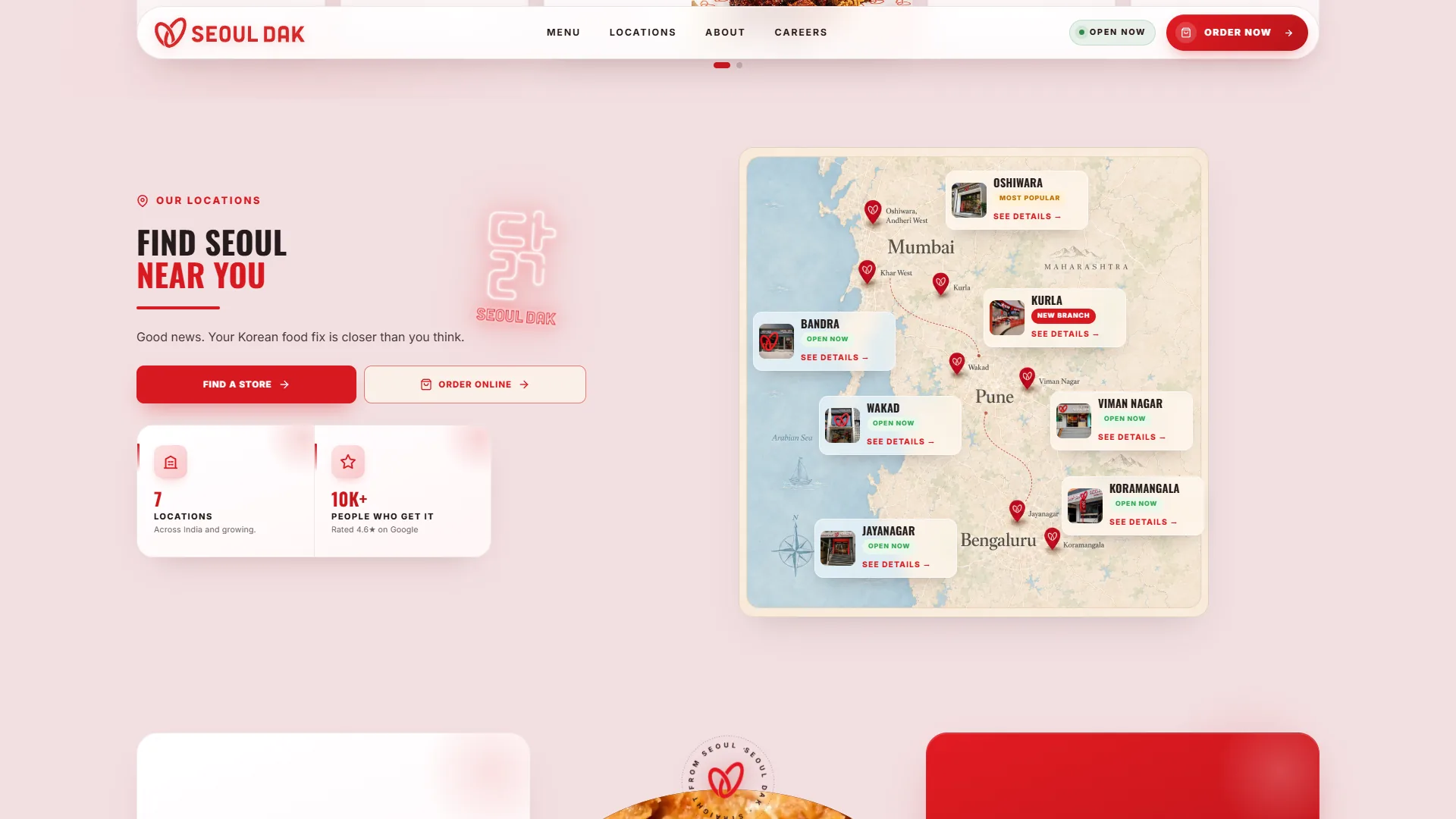 Seoul Dak locations section: 'Find Seoul near you' heading, outlet and rating stats, and an illustrated map with seven branch cards