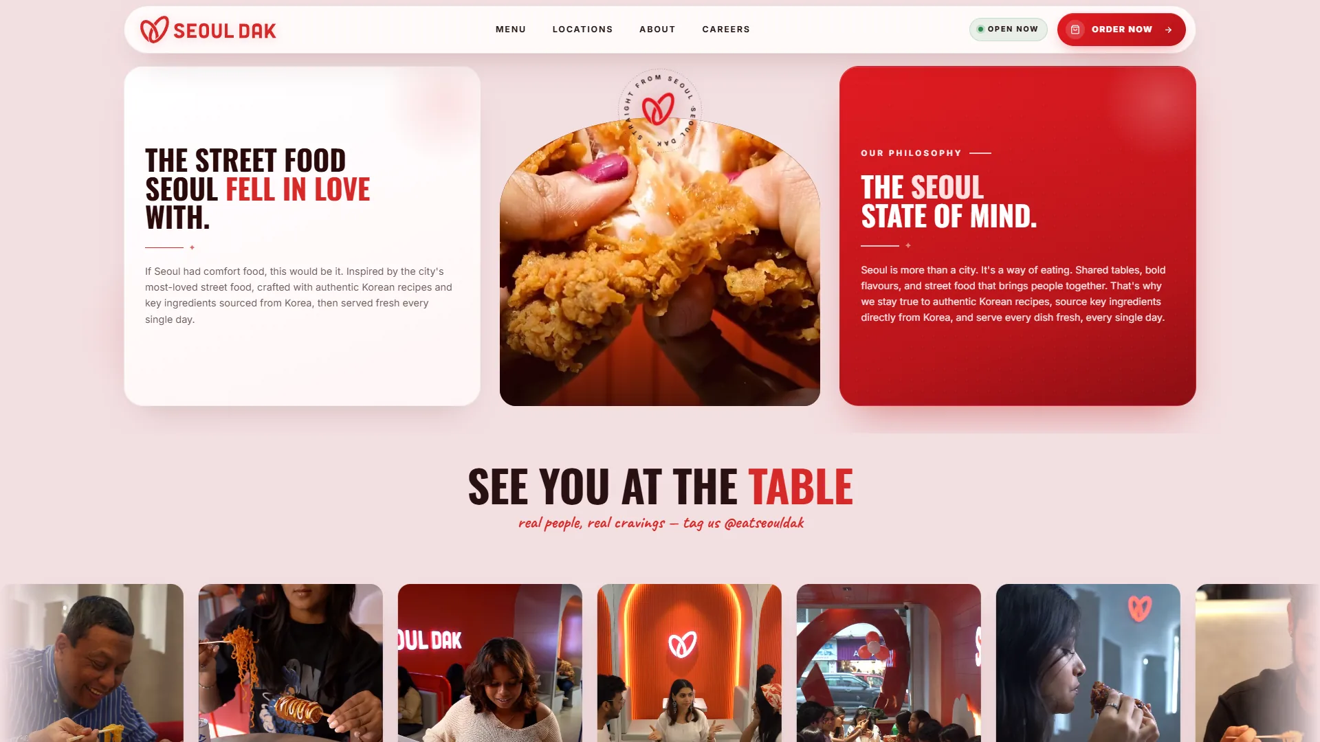 Seoul Dak about section with a story card, a fried chicken photo and a red philosophy card, above 'See you at the table' diner photos