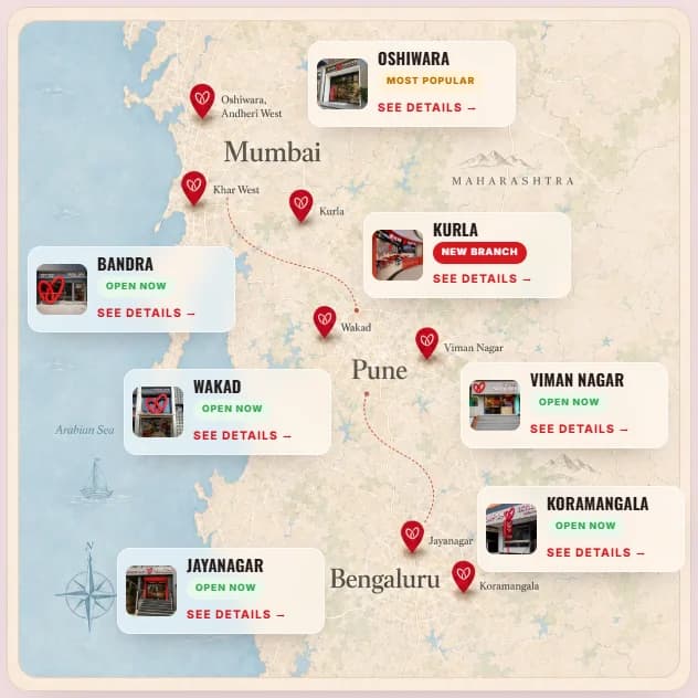 Seoul Dak illustrated map of Mumbai, Pune and Bengaluru with red pins and a card for each outlet