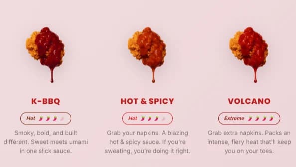Seoul Dak menu sauce guide: K-BBQ, Hot & Spicy and Volcano glazes with heat labels, chilli scales and short descriptions