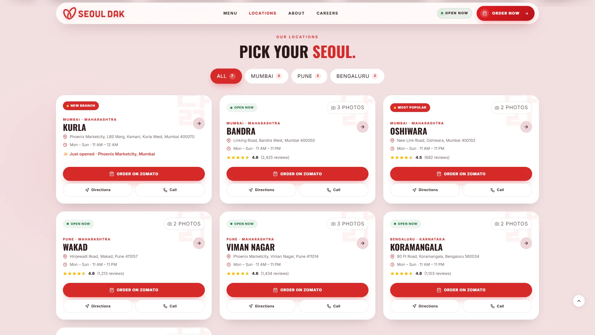 Seoul Dak Locations page: Pick your Seoul heading, city filter chips and six branch cards with Zomato, Directions and Call