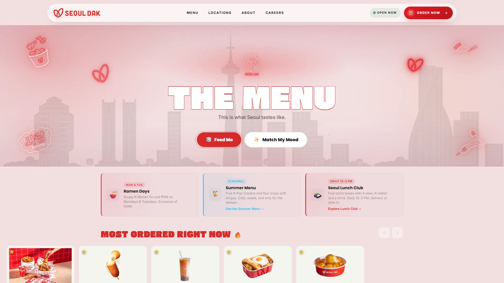 Seoul Dak menu page: THE MENU in outlined letters over a pink skyline, Feed Me and Match My Mood buttons, three offer cards