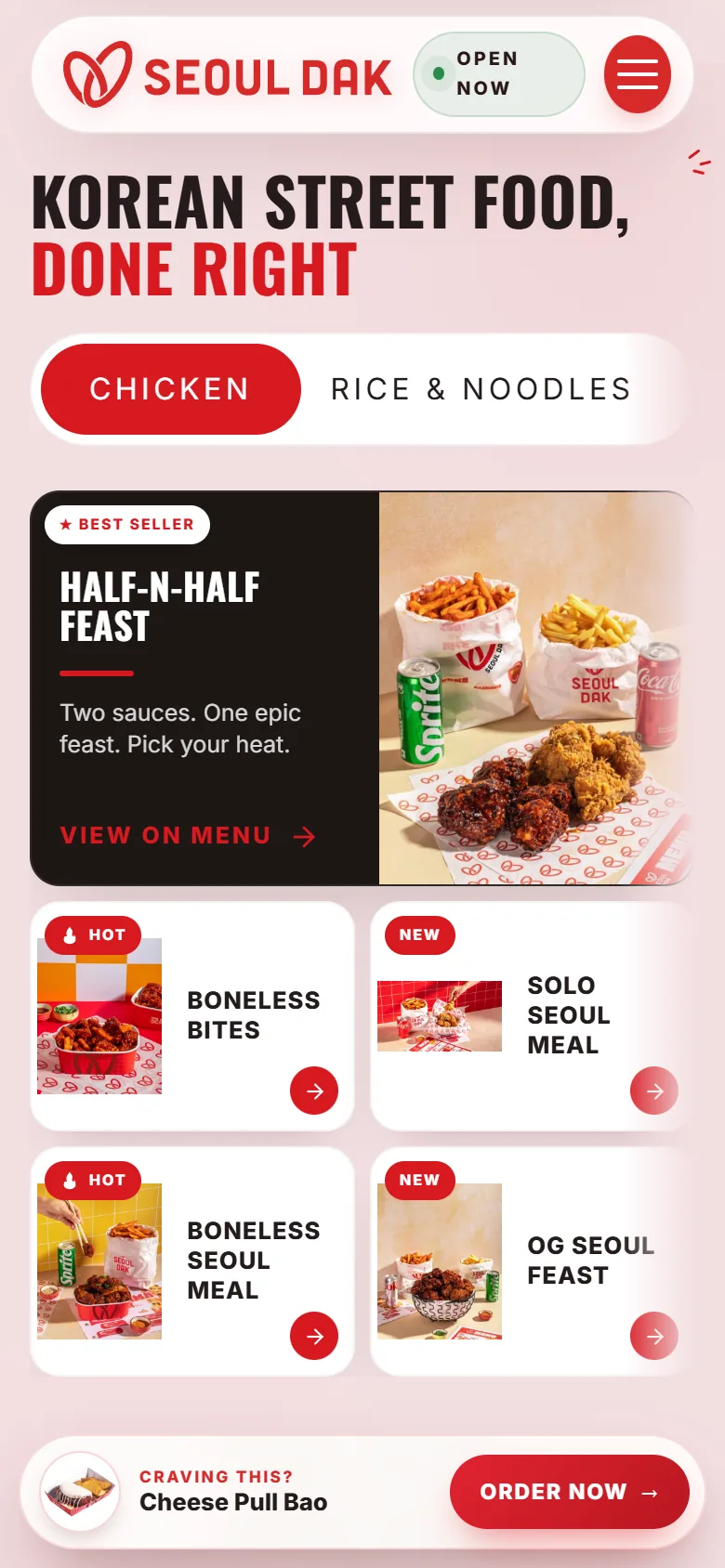 Seoul Dak menu carousel on a phone showing the Half-n-Half Feast and four chicken dishes, with a sticky 'Order now' bar