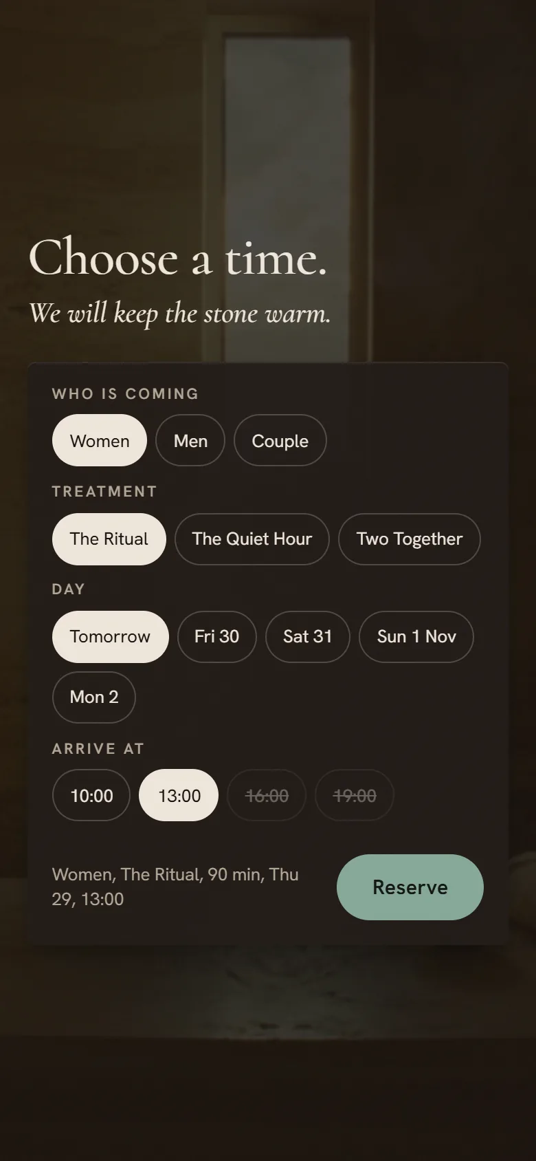 Sirr Hammam on a phone: the reservation card