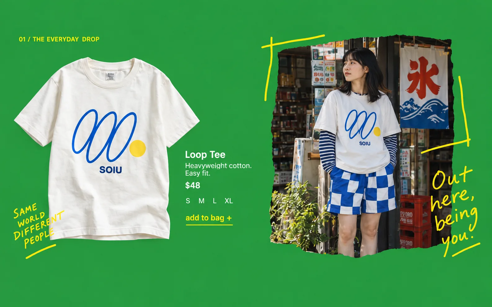Soiu product section on green: a cream Loop Tee with a blue loop print, sizes and add to bag, beside a woman wearing it