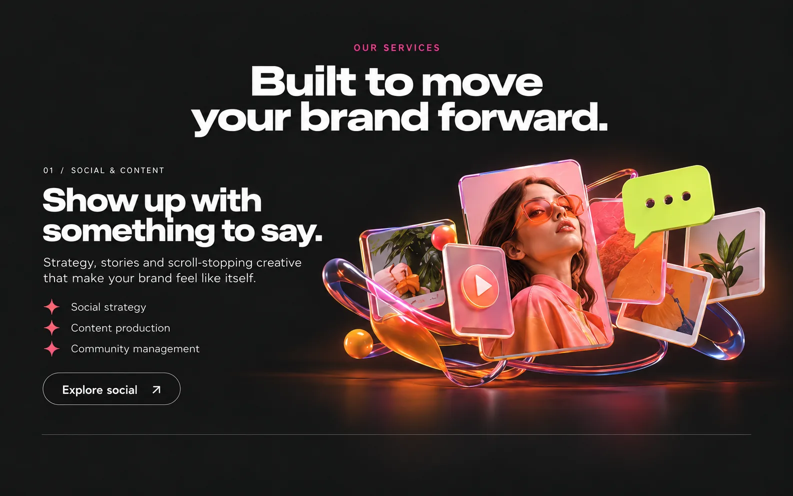 Sormeh services section headed Built to move your brand forward, with social and content services beside floating 3D posts