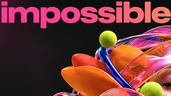 Sormeh design close-up: impossible in heavy magenta-to-coral gradient type above glossy orange and pink 3D ribbons