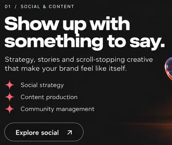 Sormeh design close-up: Show up with something to say. above three pink-starred services and an Explore social button