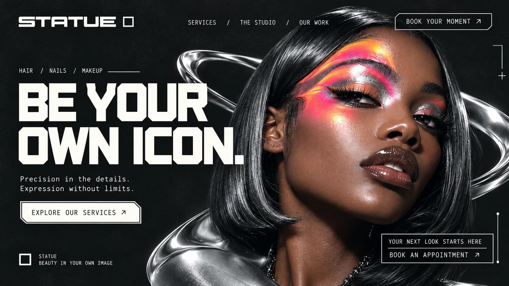 Statue desktop hero: Be your own icon. in heavy white caps beside a chrome-ringed portrait with neon pink and orange eye makeup