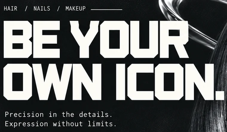 Statue design close-up: BE YOUR OWN ICON. in heavy white capitals on black, above two monospaced lines