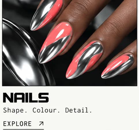 Statue design close-up: coral and chrome almond nails above the title NAILS and the line Shape. Colour. Detail.