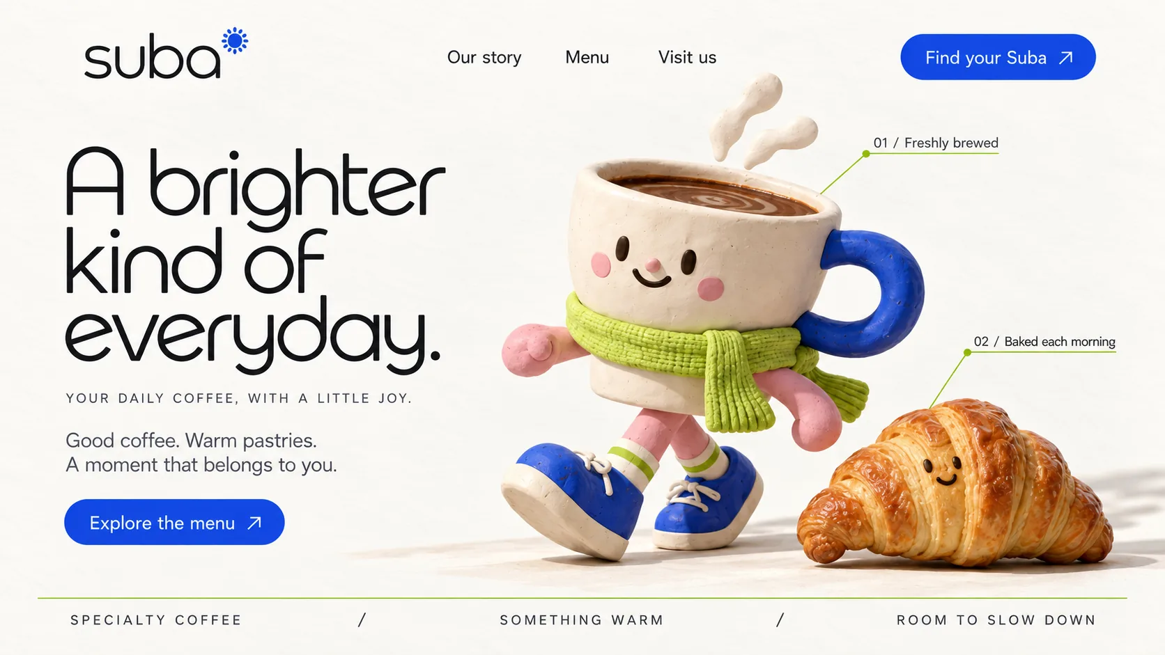 Suba café website design, desktop hero: 'A brighter kind of everyday.' beside a clay coffee cup mascot walking past a croissant