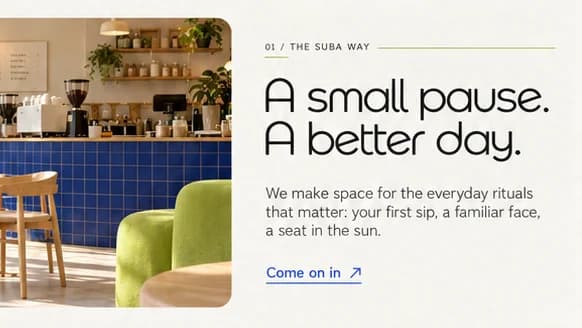Suba room band: a café with a cobalt tiled counter and lime armchair beside A small pause. A better day.