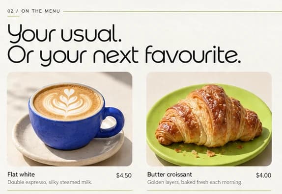 Suba menu close-up: Your usual. Or your next favourite. over a flat white in a cobalt cup and a croissant on lime