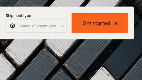Close-up of the Shipment type dropdown with a box icon beside an orange Get started button.