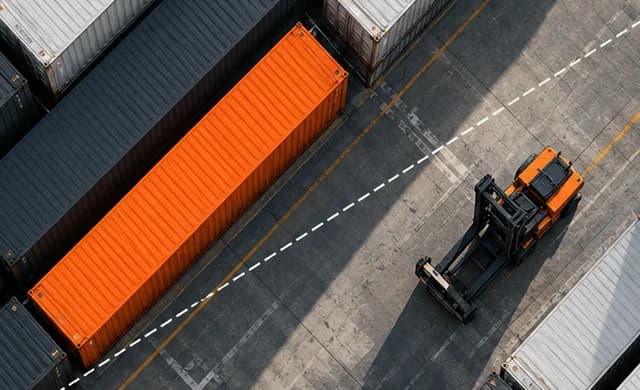 Aerial close-up of an orange shipping container among grey ones, a dashed white line and an orange handler.