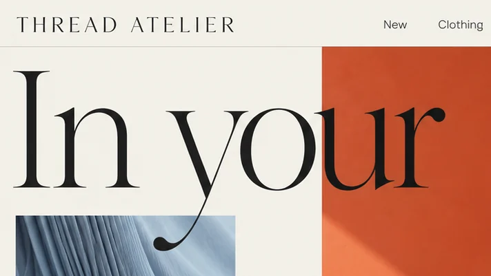 Thread Atelier wordmark in spaced serif capitals above the headline 'In your', its y tail over pleated blue fabric