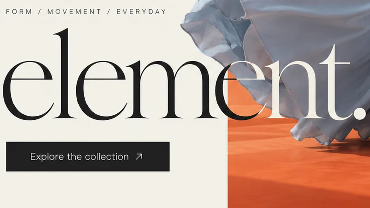 The word 'element.' turning from black to cream over an orange wall, with an 'Explore the collection' button below