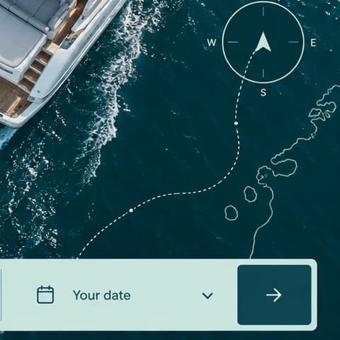 Close-up of a line-drawn compass and dotted route over teal water, leading to the Your date field and arrow