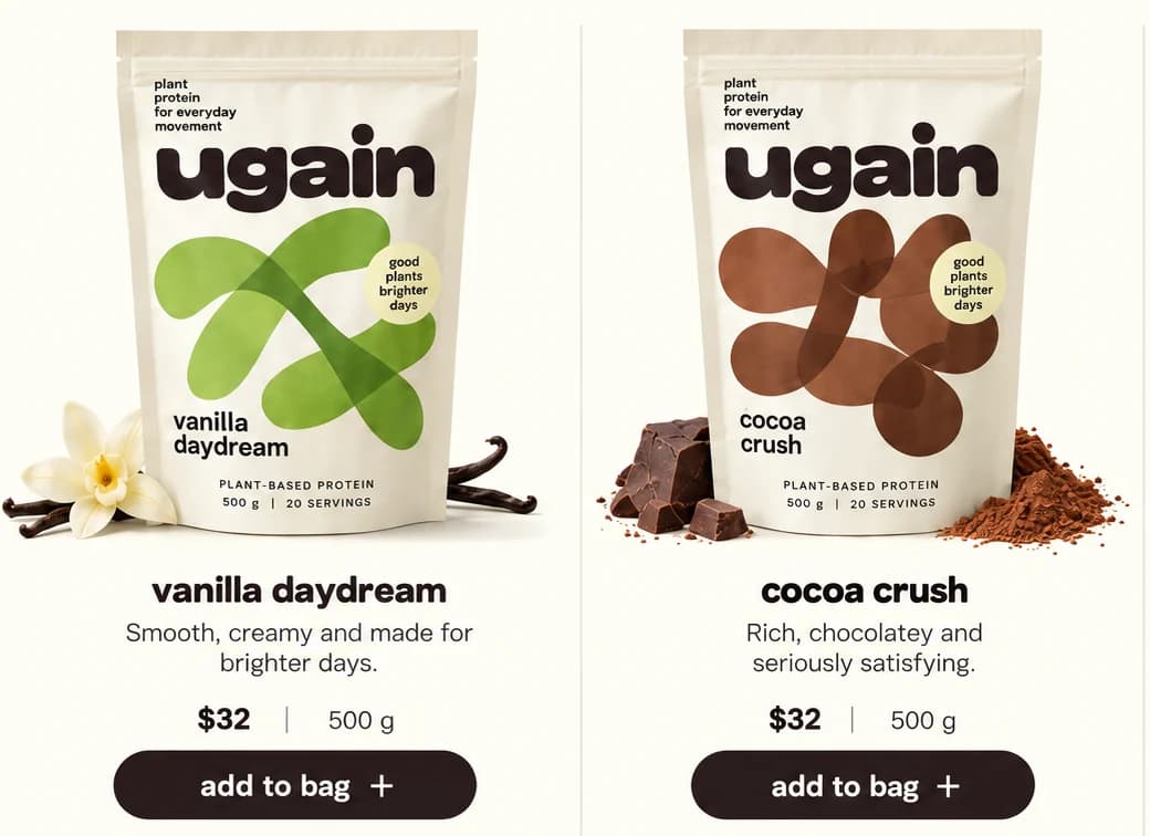 Ugain shelf close-up: vanilla daydream and cocoa crush pouches with vanilla and chocolate, each with add to bag