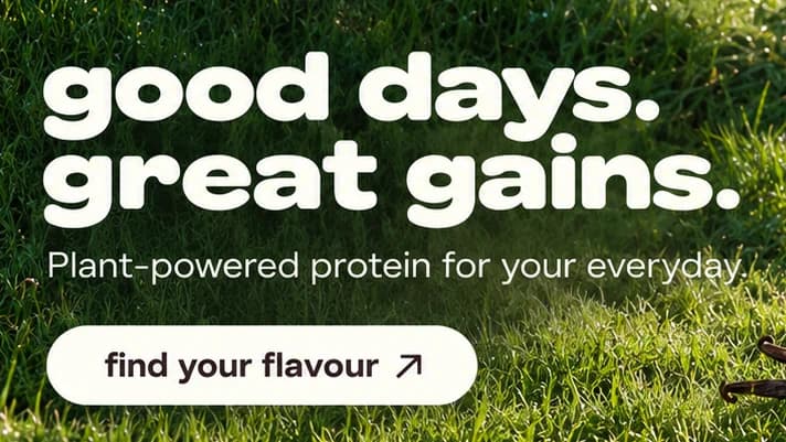 Ugain hero close-up: good days. great gains. in cream lowercase over grass, a strapline and a find your flavour button